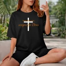 T-Shirt Feminina Gospel Cruz Frase Motivacional Algodão