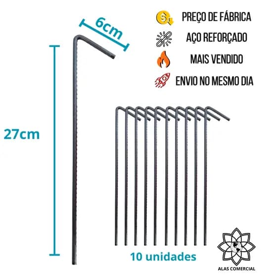 Kit 10 Estacas Espeques 27cm para Solo Duro e Terra - Aço Maciço