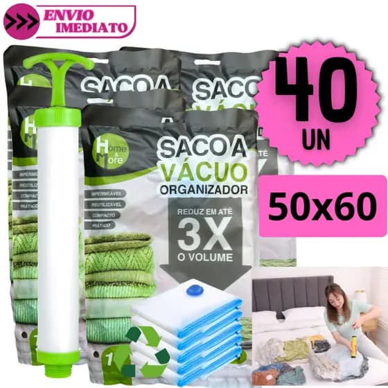 Jogo 40 Sacos Organizadores a Vácuo 50x60 Impermeável Reutilizável Compacto Bomba Sucção Manual