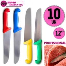 Jogo 10 Faca 12” Profissional Aço Inox Ideal para Carne Churrasco Açougue Cozinha Corte Afiado