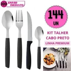 Jogo de Talheres 144 Peças Cabo Preto Linha Premium Inox Reforçado Mesa Completa Elegante