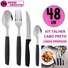 Jogo de Talheres 48 ou 24 Peças Cabo Preto Linha Premium Inox Reforçado Mesa Completa Elegante