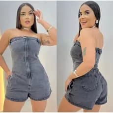 Macacão feminino jeans grafite Tomara que Caia