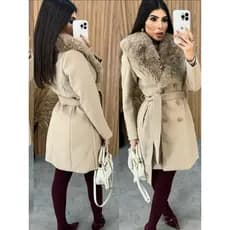 Sobretudo Feminino moda Chique Lã Batida Peluciado Com Botoes E Cinto de Tecido moda inverno 2025