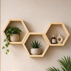 Kit 3 Nichos Colmeia Hexagonal Madeira Pinus Natural Decorativo para Parede Sala Quarto Escritório