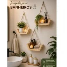 kit 3 Nicho boho Suspenso Decorativo em Madeira Pinus com Corda + Kit Instalação