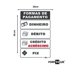 Placa de Sinalização Formas de Pagamento Dinheiro Pix Crédito Débito 20x30