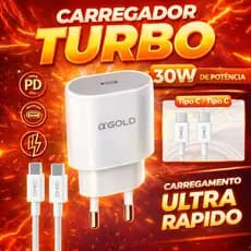Carregador Completo Tipo C Turbo A`Gold Original SAMSUNG, MOTOROLA E IPHONE 15, 16 E 17
