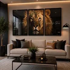 Quadro Decorativo Leão de Judá Kit 3 Peças com Moldura para Sala e Escritório