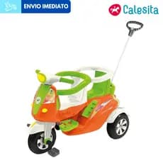 Motoca Infantil 2 Lugares Triciclo Gêmeos Moto Duo Calesita Com Capacete e Cestinha para Pet