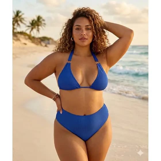 Biquíni Plus Size Caneladinho Cortininha e Cintura Alta GG 46/50 - Moda Praia Verão