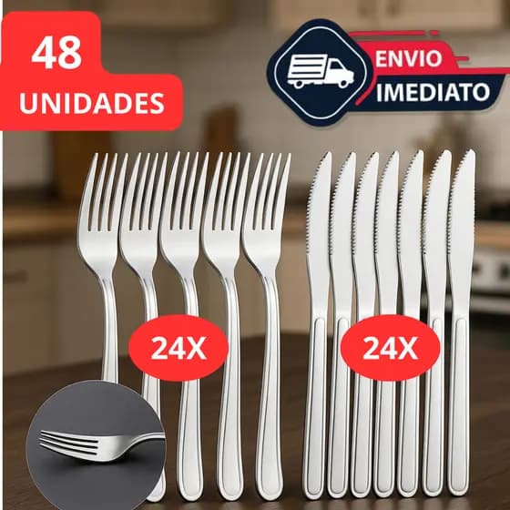Jogo 48 Talheres em aço Inox Facas e Garfos para Churrasco, Cozinha e Buffet NÃO ENFERRUJA