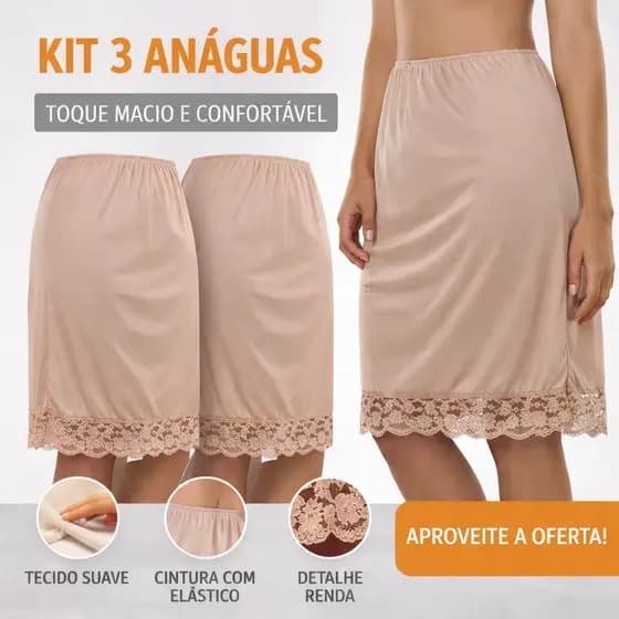 kit 3 Anagua Saia Saiote Feminino Renda Moda Senhora Segunda Pele Combinação