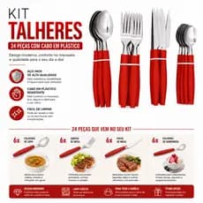 Kit Talheres 24 Peças Cabo Plástico Inox Vermelho