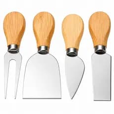 Kit Para Queijo e Petisco 4 Peças em Aço Inox e Madeira
