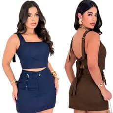 CONJUNTO  FEMININO DE SHORT SAIA E CROPPED + CINTO + ALÇA  COM REGULAÇAO + BOJO + LAÇO DE AMARRAR