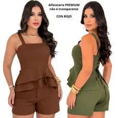 Conjunto Alfaiataria Feminino Blusa Peplum  com bojo e Short Cintura Alta Elegante Moda Casual Chic