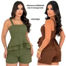 Conjunto Feminino Alfaiataria Short e Blusa Peplum Elegante Moda Casual Social Tendência