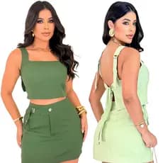 CONJUNTO FEMININO DE SHORT SAIA E CROPPED + CINTO + BOJO +ALÇA REGULAVEL + LAÇO DE AMARRAR + ZIPER