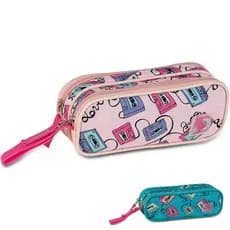 Estojo escolar bolsinha  lapis canetas duplo 2 reparticoes 2 ziper Clio fita k7 feminina