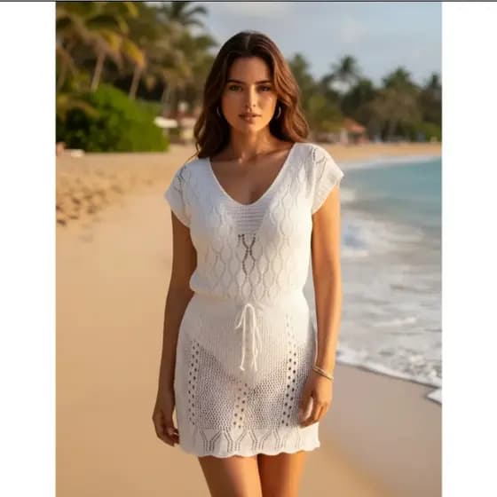 Saida de Praia Curta Croche Vestido Alça Lindos Detalhes Delicada