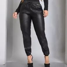 Calça Jogger Com Bolso e Cintura Alta Feminina de Courino Elegante Envio Imediato