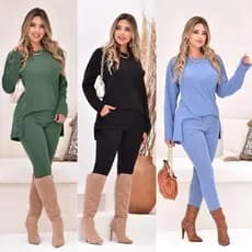 Conjunto de Lanzinha Feminino 2 Peças Calça e Blusa de Manga Longa com Gola Redonda