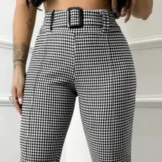 Calça Feminina Jacar Justa Crepe com Cinto Xadrez Top Skinny Envio Imediato