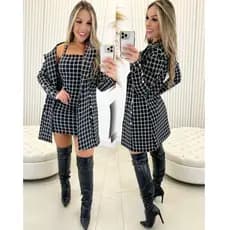 Conjunto Feminino Duas Peças Vestido e Blazer Em tecido Jacquard Xadrez Envio Imediato
