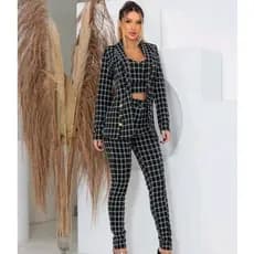 Conjunto 3 Peças Calça Cropped e Casaco Tecido Jacquard Xadres
