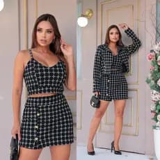 Conjunto Feminino Três Peças short saia Cropped e Casaco Curto Com bojo em Tecido Jacquard xadrez
