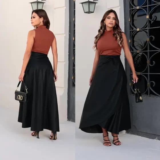 Saia Longa Feminina Envelope Courinho Premium Saia Preta Transpassada Feminina (Somente Saia)