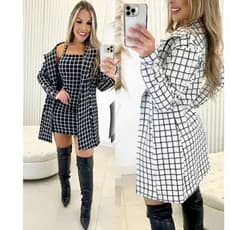 Conjunto Feminino 2 Duas Peças Vestido e Blazer tecido Jacquard Xadrez Envio Imediato