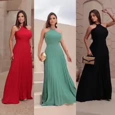 Vestido Feminino Longo Plissado Alças Regulável Forrado Com Bojo Tecido Duna