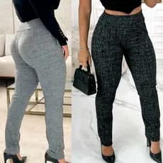 Calça skinny jacquard xadrez feminina Com cintura alta Tecido Jacard Mulher