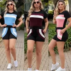 Conjunto Feminino Short Com Listra e Blusa Malha Crepe Promoção Verão Envio Imediato