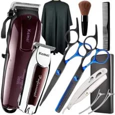 Kit Máquinas de Cortar Cabelo Kemei KM2600 + KM9163 + Tesouras Fio Navalha e Capa Profissional