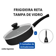 Frigideira Reta 24 cm Grande Alta Funda Antiaderente Teflon com Tampa de Vidro Preta - ALUMIC