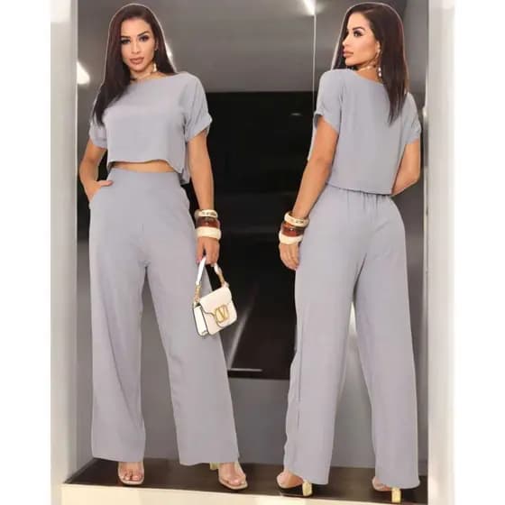 Conjunto Feminino Calca Pantalona Wide Leg Cintura Alta com bolso e Blusa Cropped confortável