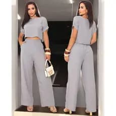 Conjunto Feminino Calca Pantalona Wide Leg Cintura Alta com bolso e Blusa Cropped confortável