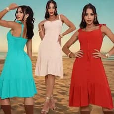 Vestido Midi Femenino com Alça de Amarrar , Elaxtex nas Costas , Botão Forrado em Frente Fake M G GG