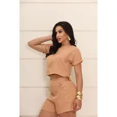 Conjunto Feminino Blusa Cropped e Shorts Cintura Alta com Bolso | Duna Linho P ao GG Entrega Rapida.