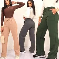 CALÇA ELEGANTE FEMENINA MOLETOM PERNA LARGA , CINTURA ALTA COM ELASTICO E BOLSO (M-G).