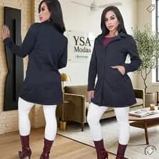 Casaco Elegante Feminino Sobretudo Moletom Poliéster Franelado com Botões e Bolso