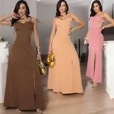vestido feminino longo alfaiataria com bojo e alça de amarrar (M-G).