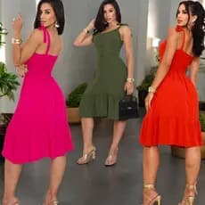 Vestido Midi Feminino Elegante Com Alça Ajustável Elastex nas Costas botões Frontais Decorativos