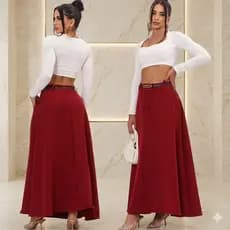 Saia Longa Alfaiataria Feminina Cintura Alta Moda Evangelica Godê Social Rodada Bolso com Cinto