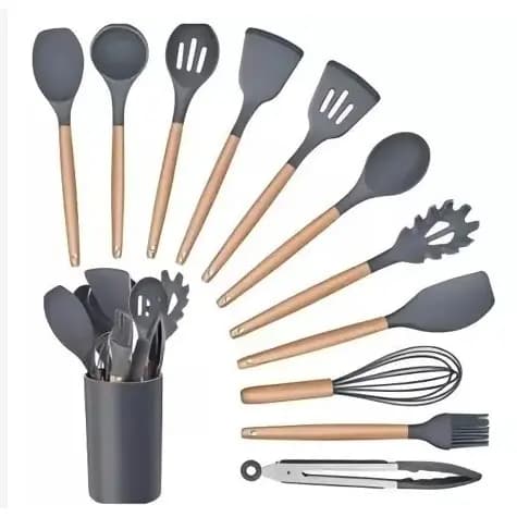 KIT de Utensílios Para Cozinha em Silicone e Bambu 12 Peças