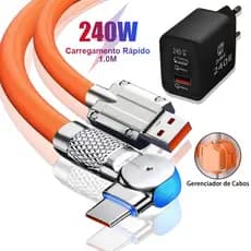 Kit Cabo Carregador Carregamento Rápido Tipo C V8 LED Rotativo 180° Com GaN Adaptador e Organizador Para Samsung Xiaomi