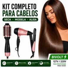 Kit Completo Para os Cabelos  Secador 1200W Escova Secadora Modeladora 1300W e Chapinha 50W Bivolt